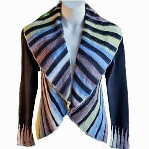 Angels Shawl Black & Multicolor Plisse Open Wool Blend Cardigan Size Med…